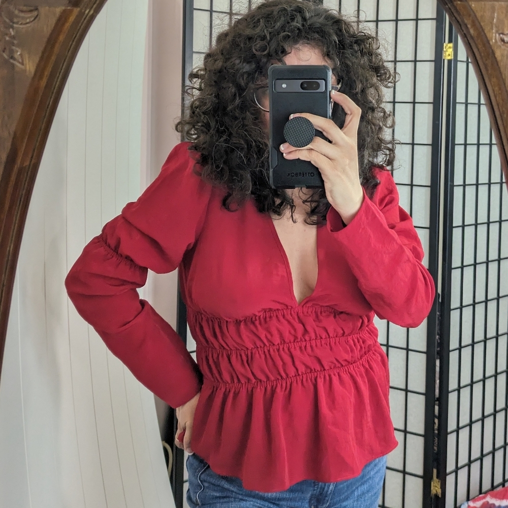 ASOS Red Deep Plunge Peplum Top, Size 4 Long Sleeve, Ruching Waist, V Neck - Picture 11 of 11